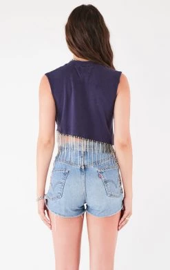 FURST OF A KIND VINTAGE RHINESTONE FRINGE ASYMMETRICAL RHINESTONE FRINGE SLEEVELESS CROP TEE