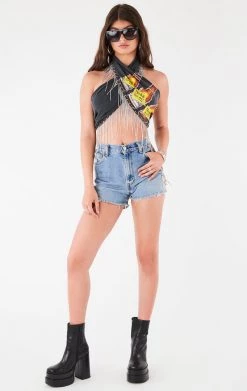 FURST OF A KIND VINTAGE RHINESTONE FRINGE HALTER WRAP TOP