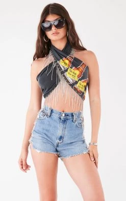 FURST OF A KIND VINTAGE RHINESTONE FRINGE HALTER WRAP TOP