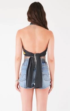 FURST OF A KIND VINTAGE RHINESTONE FRINGE HALTER WRAP TOP