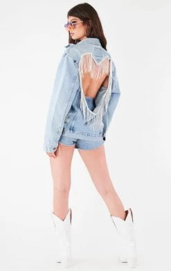 FURST OF A KIND FESTIVAL VINTAGE RHINESTONE FRINGE HEART CUTOUT DENIM JACKET