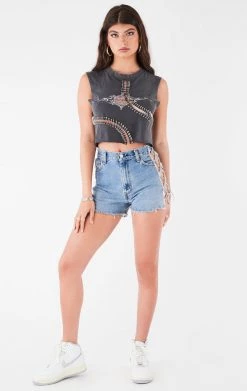 FURST OF A KIND VINTAGE CURVED SAFETY PIN CROPPED SLEEVELESS TEE FESTIVAL