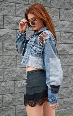 FURST OF A KIND VINTAGE PATCHWORK STUDDED CROPPED DENIM JACKET FESTIVAL