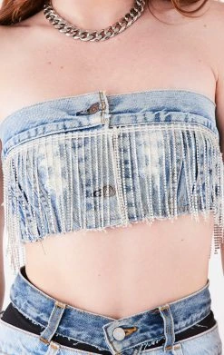 FURST OF A KIND VINTAGE RHINESTONE FRINGE DENIM BANDEAU FESTIVAL