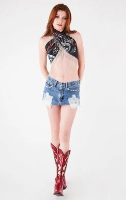 FURST OF A KIND FESTIVAL VINTAGE RHINESTONE FRINGE HALTER WRAP TOP