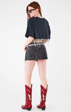 FURST OF A KIND VINTAGE RHINESTONE FRINGE CROP TEE