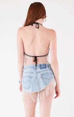 FURST OF A KIND FESTIVAL VINTAGE RHINESTONE FRINGE TIE BRA TOP