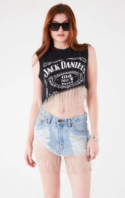FURST OF A KIND VINTAGE RHINESTONE FRINGE ASYMMETRICAL RHINESTONE FRINGE SLEEVELESS CROP TEE