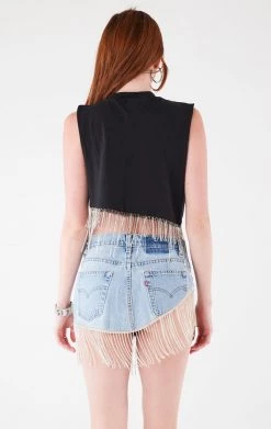 FURST OF A KIND VINTAGE RHINESTONE FRINGE ASYMMETRICAL RHINESTONE FRINGE SLEEVELESS CROP TEE
