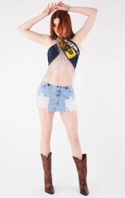 FURST OF A KIND VINTAGE RHINESTONE FRINGE HALTER WRAP TOP