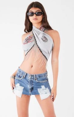 FURST OF A KIND FESTIVAL VINTAGE RHINESTONE FRINGE HALTER WRAP TOP