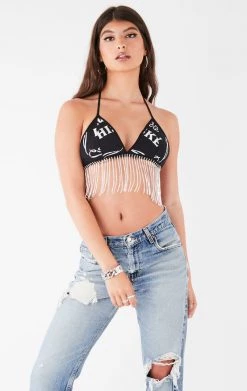 FURST OF A KIND VINTAGE RHINESTONE FRINGE TIE BRA TOP