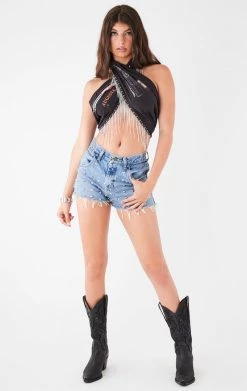 FURST OF A KIND VINTAGE RHINESTONE FRINGE HALTER WRAP TOP FESTIVAL