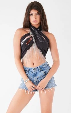 FURST OF A KIND VINTAGE RHINESTONE FRINGE HALTER WRAP TOP FESTIVAL