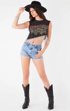 FURST OF A KIND VINTAGE RHINESTONE FRINGE ASYMMETRICAL RHINESTONE FRINGE SLEEVELESS CROP TEE