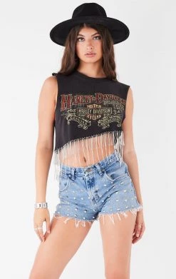 FURST OF A KIND VINTAGE RHINESTONE FRINGE ASYMMETRICAL RHINESTONE FRINGE SLEEVELESS CROP TEE