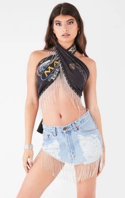 FURST OF A KIND VINTAGE RHINESTONE FRINGE HALTER WRAP TOP