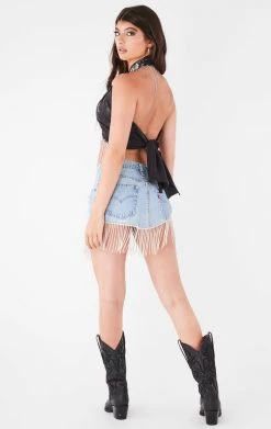 FURST OF A KIND VINTAGE RHINESTONE FRINGE HALTER WRAP TOP