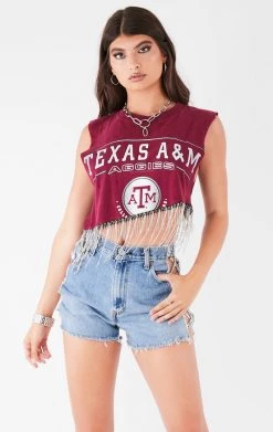 FURST OF A KIND VINTAGE RHINESTONE FRINGE ASYMMETRICAL RHINESTONE FRINGE SLEEVELESS CROP TEE