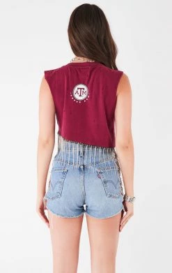 FURST OF A KIND VINTAGE RHINESTONE FRINGE ASYMMETRICAL RHINESTONE FRINGE SLEEVELESS CROP TEE