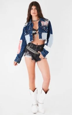 FURST OF A KIND VINTAGE PATCHWORK STUDDED CROPPED DENIM JACKET FESTIVAL