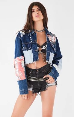 FURST OF A KIND VINTAGE PATCHWORK STUDDED CROPPED DENIM JACKET FESTIVAL