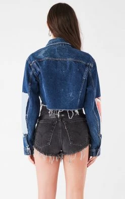 FURST OF A KIND VINTAGE PATCHWORK STUDDED CROPPED DENIM JACKET FESTIVAL