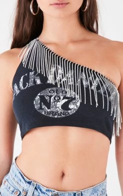 FURST OF A KIND VINTAGE RHINESTONE FRINGE ONE SHOULDER TOP