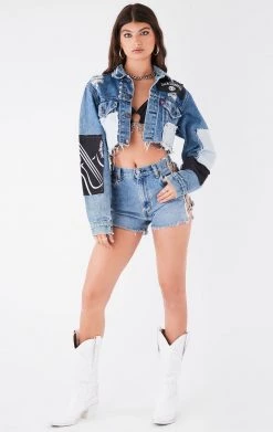 FURST OF A KIND VINTAGE PATCHWORK STUDDED CROPPED DENIM JACKET