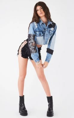 FURST OF A KIND VINTAGE PATCHWORK STUDDED CROPPED DENIM JACKET FESTIVAL
