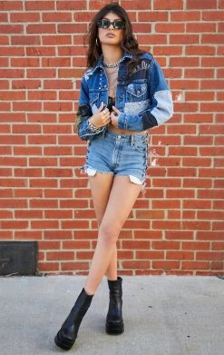 FURST OF A KIND VINTAGE PATCHWORK STUDDED CROPPED DENIM JACKET FESTIVAL