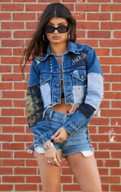 FURST OF A KIND VINTAGE PATCHWORK STUDDED CROPPED DENIM JACKET FESTIVAL