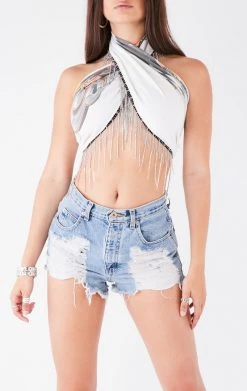FURST OF A KIND VINTAGE RHINESTONE FRINGE HALTER WRAP TOP