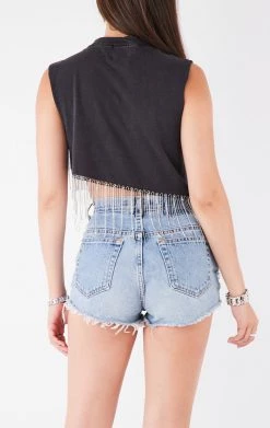 FURST OF A KIND VINTAGE RHINESTONE FRINGE ASYMMETRICAL RHINESTONE FRINGE SLEEVELESS CROP TEE