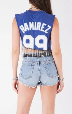 FURST OF A KIND VINTAGE RHINESTONE FRINGE ASYMMETRICAL RHINESTONE FRINGE SLEEVELESS CROP TEE