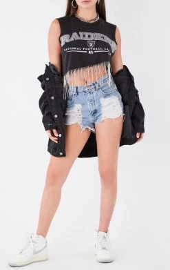 FURST OF A KIND ASYMMETRICAL RHINESTONE FRINGE SLEEVELESS CROP TEE VINTAGE RHINESTONE FRINGE