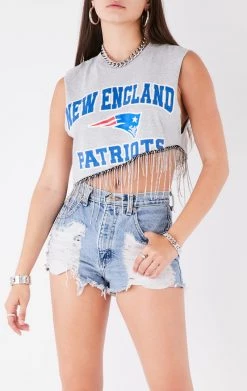 FURST OF A KIND VINTAGE RHINESTONE FRINGE ASYMMETRICAL RHINESTONE FRINGE SLEEVELESS CROP TEE