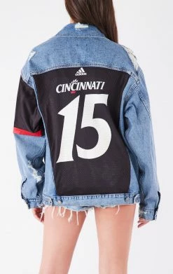 FURST OF A KIND VINTAGE JERSEY SLEEVE AND BACK INSERT DENIM JACKET