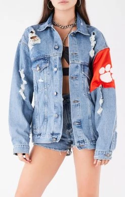 FURST OF A KIND VINTAGE JERSEY SLEEVE AND BACK INSERT DENIM JACKET