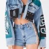 FURST OF A KIND VINTAGE JERSEY PATCHWORK STUDDED CROPPED DENIM JACKET VINTAGE DENIM JACKETS