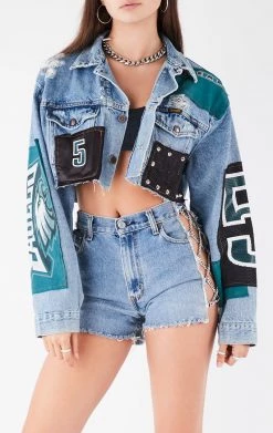 FURST OF A KIND VINTAGE JERSEY PATCHWORK STUDDED CROPPED DENIM JACKET VINTAGE DENIM JACKETS