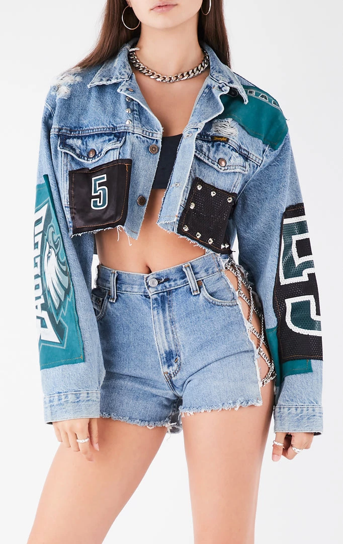 FURST OF A KIND VINTAGE JERSEY PATCHWORK STUDDED CROPPED DENIM JACKET VINTAGE DENIM JACKETS 3 FURST OF A KIND VINTAGE JERSEY PATCHWORK STUDDED CROPPED DENIM JACKET VINTAGE DENIM JACKETS