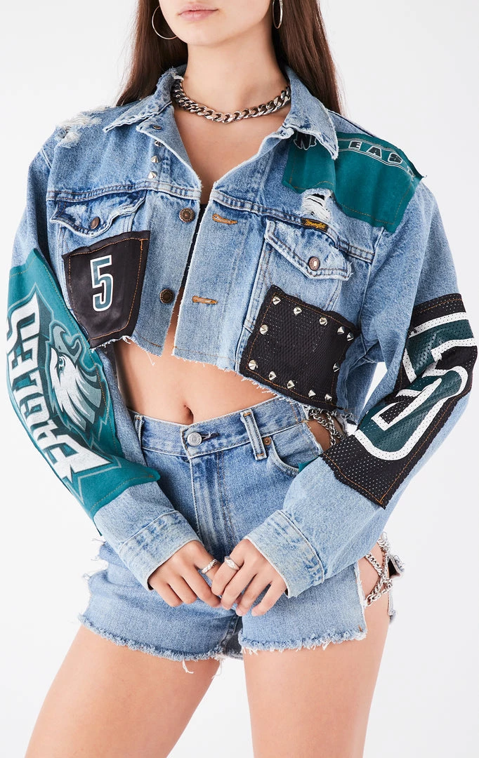 FURST OF A KIND VINTAGE JERSEY PATCHWORK STUDDED CROPPED DENIM JACKET VINTAGE DENIM JACKETS 5 FURST OF A KIND VINTAGE JERSEY PATCHWORK STUDDED CROPPED DENIM JACKET VINTAGE DENIM JACKETS