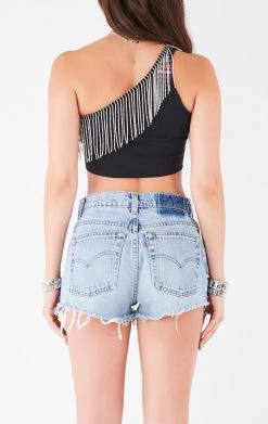 FURST OF A KIND VINTAGE RHINESTONE FRINGE ONE SHOULDER TOP