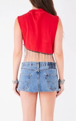 FURST OF A KIND VINTAGE RHINESTONE FRINGE ASYMMETRICAL RHINESTONE FRINGE SLEEVELESS CROP TEE