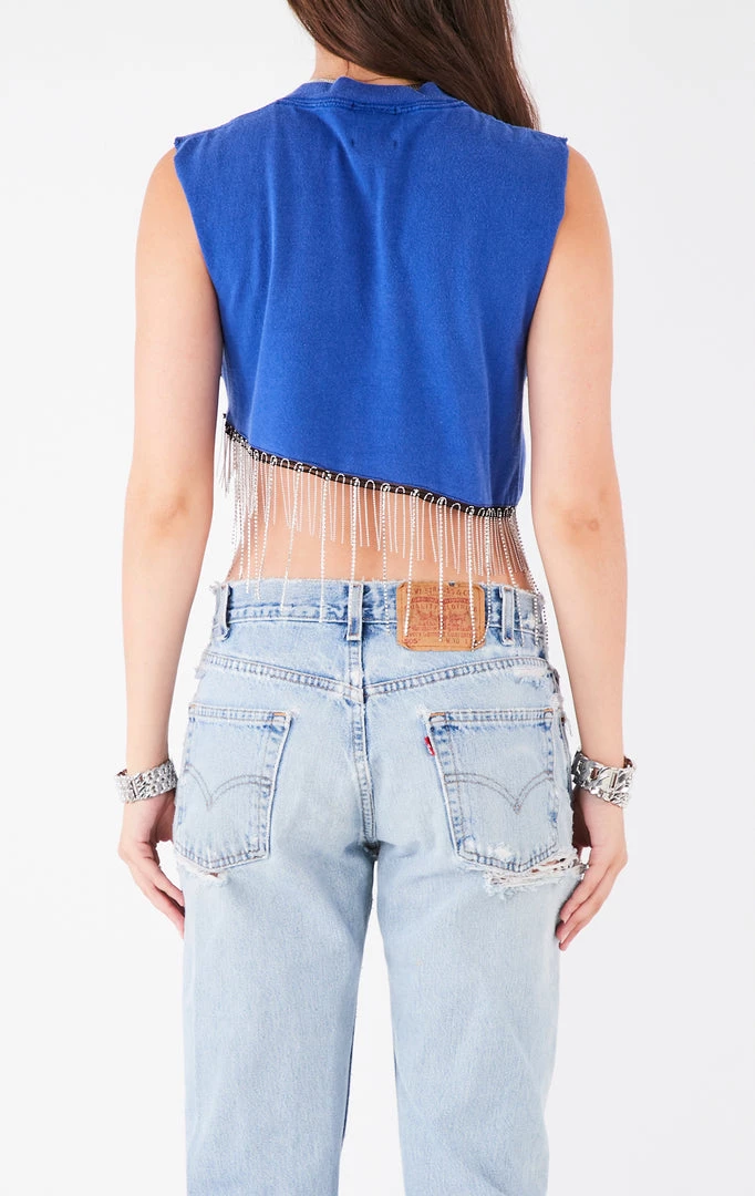 FURST OF A KIND ASYMMETRICAL RHINESTONE FRINGE SLEEVELESS CROP TEE VINTAGE RHINESTONE FRINGE 5 FURST OF A KIND ASYMMETRICAL RHINESTONE FRINGE SLEEVELESS CROP TEE VINTAGE RHINESTONE FRINGE