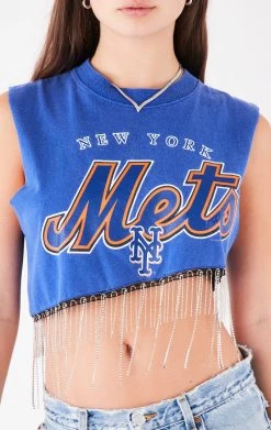 FURST OF A KIND ASYMMETRICAL RHINESTONE FRINGE SLEEVELESS CROP TEE VINTAGE RHINESTONE FRINGE