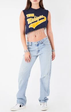 FURST OF A KIND VINTAGE RHINESTONE FRINGE ASYMMETRICAL RHINESTONE FRINGE SLEEVELESS CROP TEE