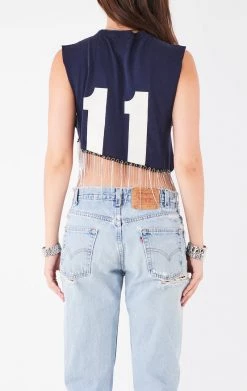 FURST OF A KIND VINTAGE RHINESTONE FRINGE ASYMMETRICAL RHINESTONE FRINGE SLEEVELESS CROP TEE