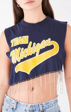 FURST OF A KIND VINTAGE RHINESTONE FRINGE ASYMMETRICAL RHINESTONE FRINGE SLEEVELESS CROP TEE